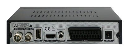 Denver DVBC-120 Digital-TV-modtager sort bagpanel med to coaxialporte, USB, HDMI, coaxial lyd, SCART og DC-strømindgang.