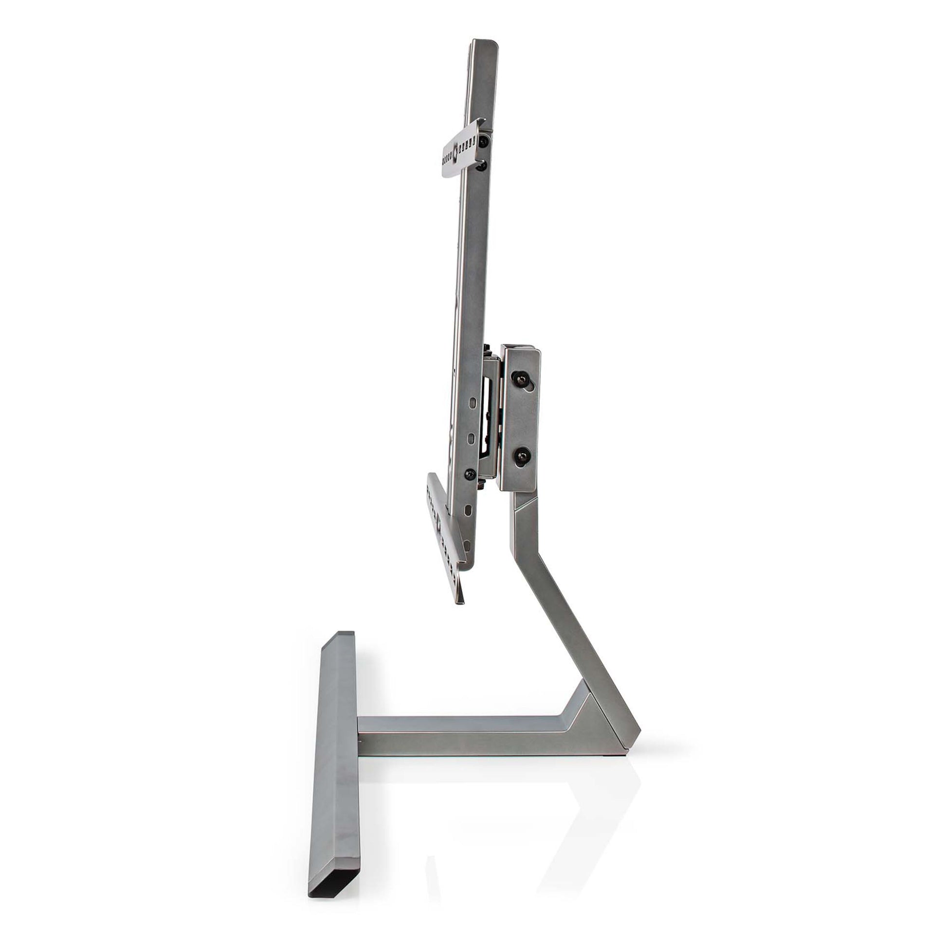 Nedis justerbart roterbart bordstativ til TV 37-75", sølvfarvet metal, sideview, vinkel og beslag synligt.
