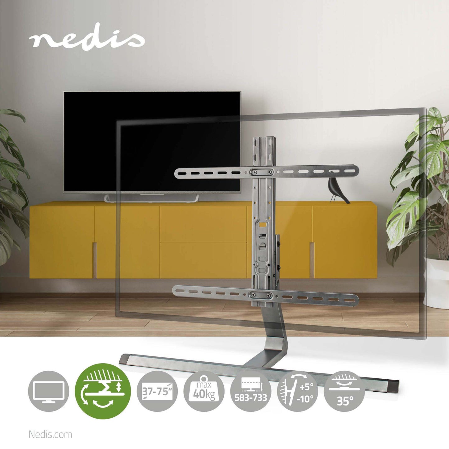 Nedis justerbart roterbart bordstativ til TV 37-75" i sort under sort TV, gult skab synligt, ikoner for vægt og vinkel.