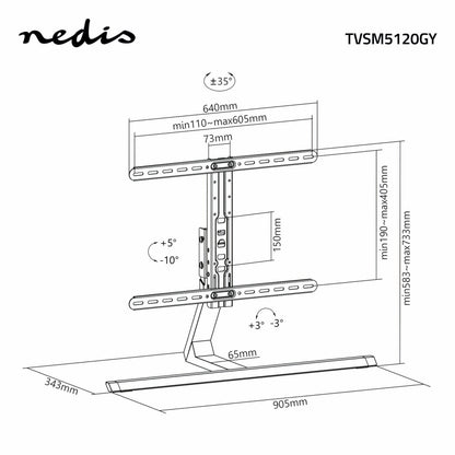 Nedis justerbart roterbart bordstativ til TV 37-75", mål og vippegrader markeret, sort.