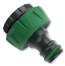 Grimsholm krankobling 1/2"  3/4" til haveslange eller vandhane, grøn og sort, nærbillede.