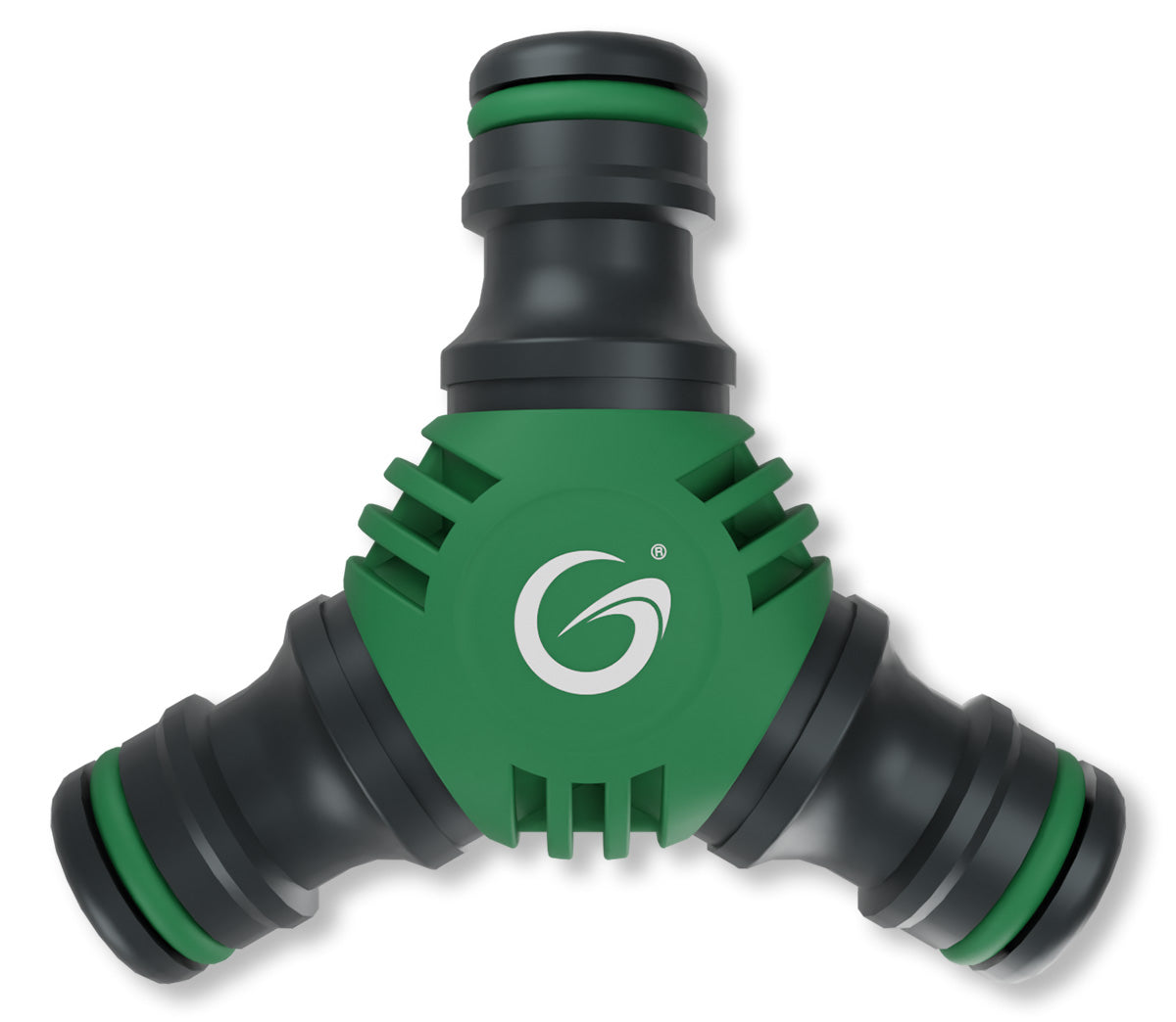 Grimsholm Y-kobling i sort og grøn med tre ender og rundt Grimsholm-logo på midten.
