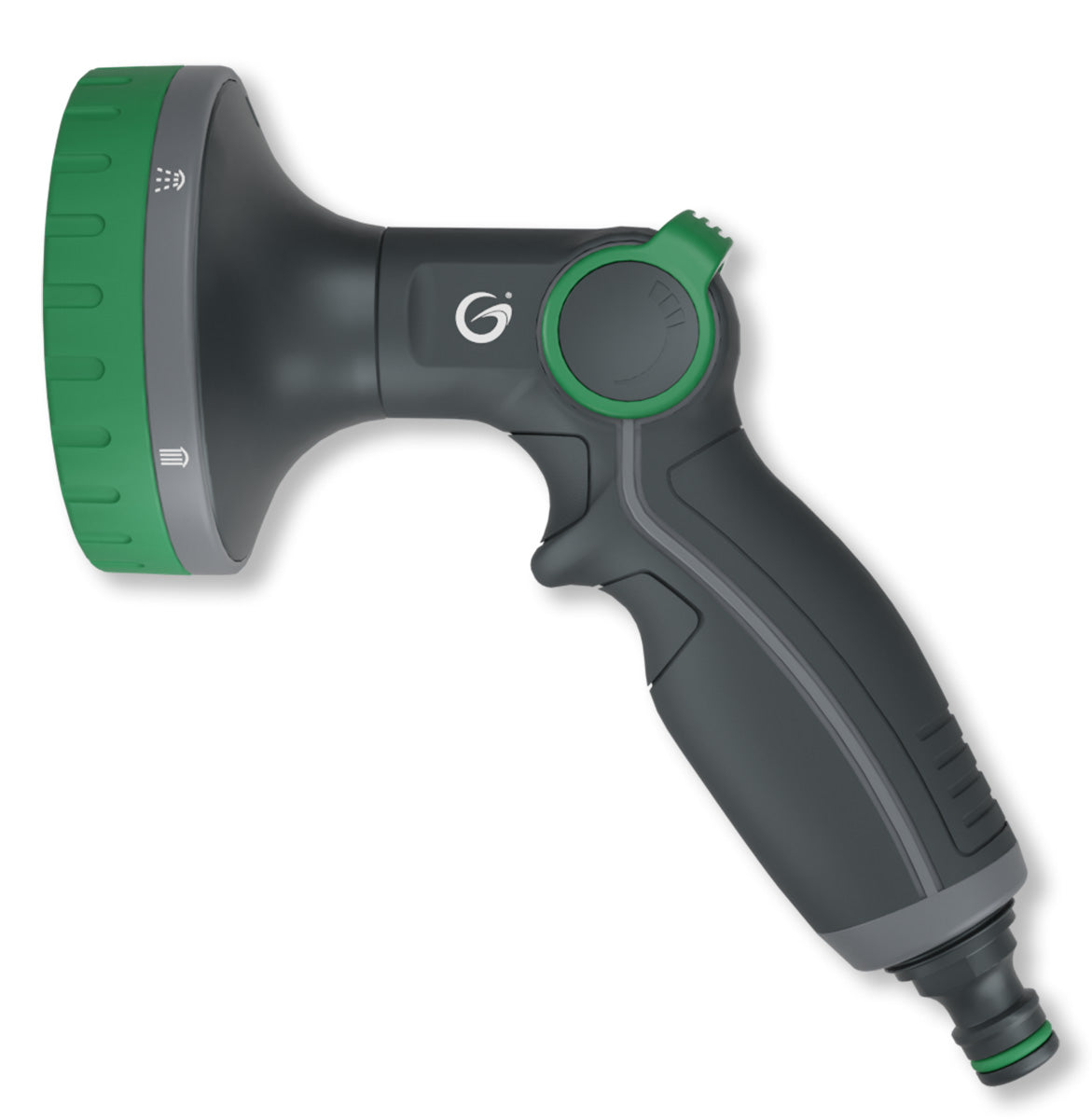 Grimsholm tommelstyret spraypistol sort/grøn, 6 sprøjtetyper, ergonomisk håndtag, justerbare sprayindstillinger.