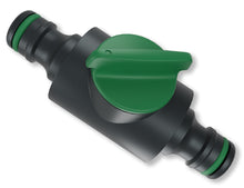 Grimsholm Slangekobling med Ventil Flowkontrol, sort plast, grøn drejehåndtag, O-ringe, inline vanding ventil.