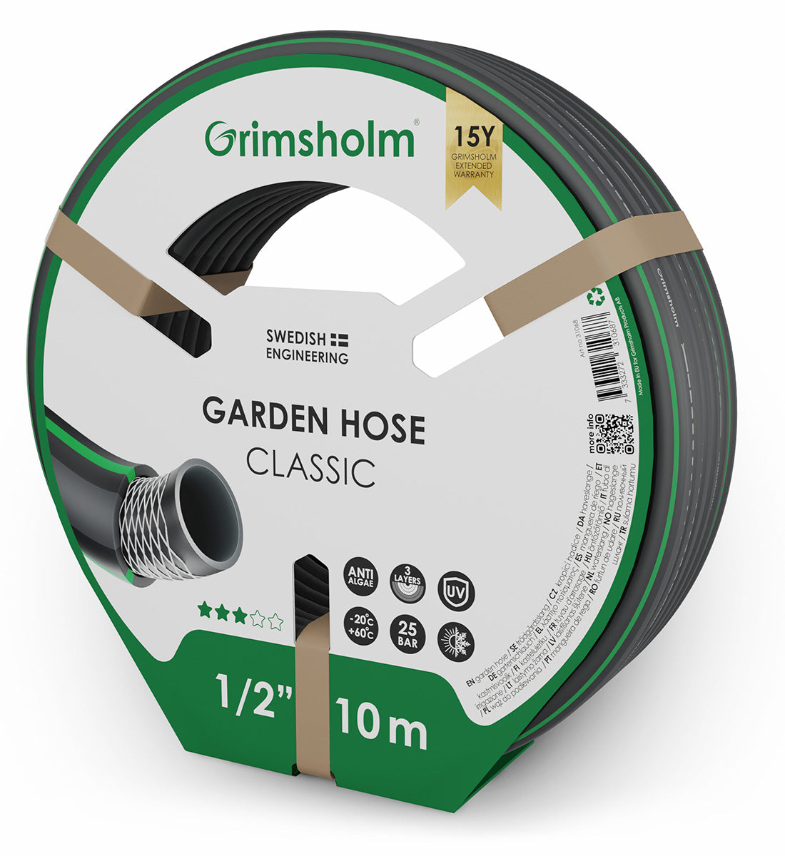 Grimsholm Classic haveslange 10 m med anti-kink design, UV-resistens og 15 års garanti.