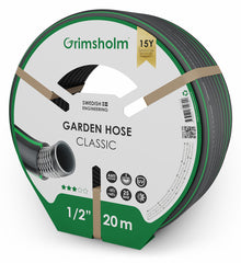 Grimsholm Classic haveslange 20 m UV-bestandig 3-lags, anti-algevækst, 1/2" diameter, 25 bar, grøn/hvid emballage.