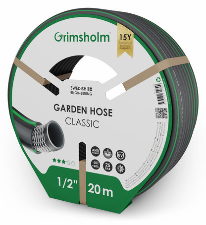 Grimsholm Classic haveslange 20 m UV-bestandig 3-lags, anti-algevækst, 1/2" diameter, 25 bar, grøn/hvid emballage.