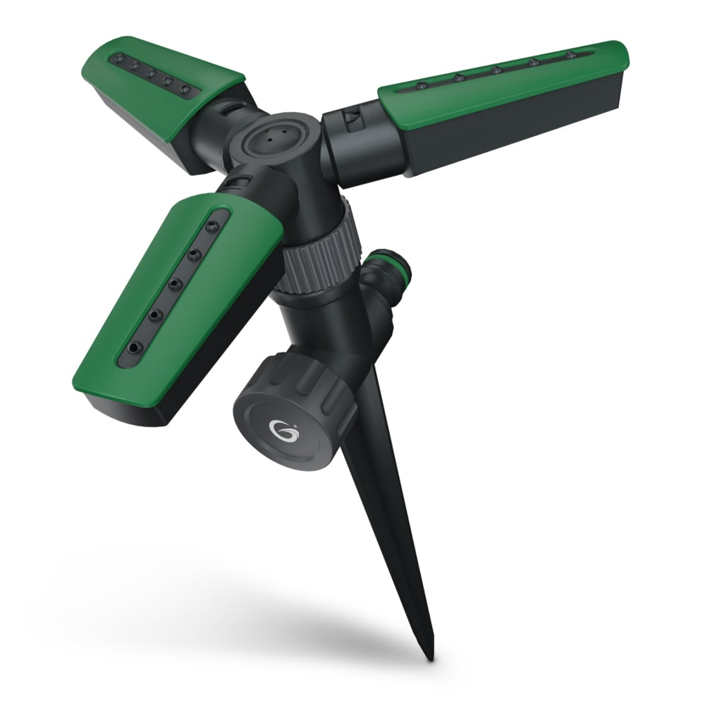 Grimsholm Rotate Spear Sprinkler sort/grøn med tre sprayarme og jordspyd til effektiv vanding af græsplæne.