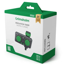 Grimsholm Digital Vandtimer 1-120 min, 1t-1 uge intervaller, manuel on/off, regnpause, AA-batterier, hvid/grøn æske.