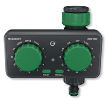 Grimsholm Digital Vandtimer med to grønne drejeknapper til frekvens og tid, to grønne knapper samt slangeforbindelser top/bund.