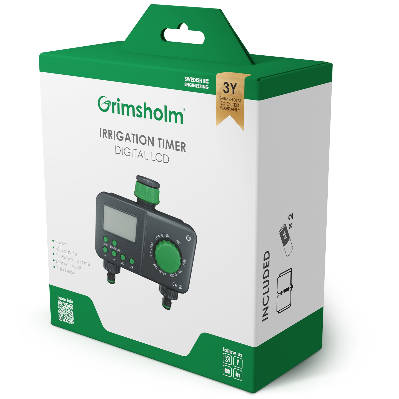 Grimsholm programmerbar vandtimer i grøn og hvid æske, 3 års garanti, inkl. 2 batterier, til sprinklersystem/havevanding.