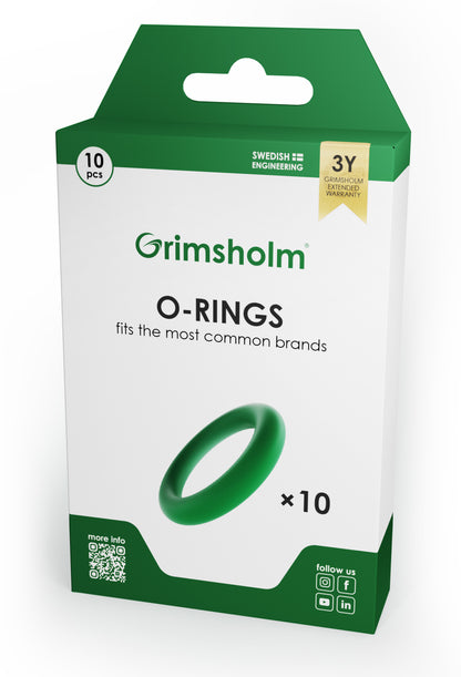 O-ring til 1/2" kobling 10 stk æske grøn O-ring grafik 3 års garanti QR- og SoMe-ikoner på emballagen.