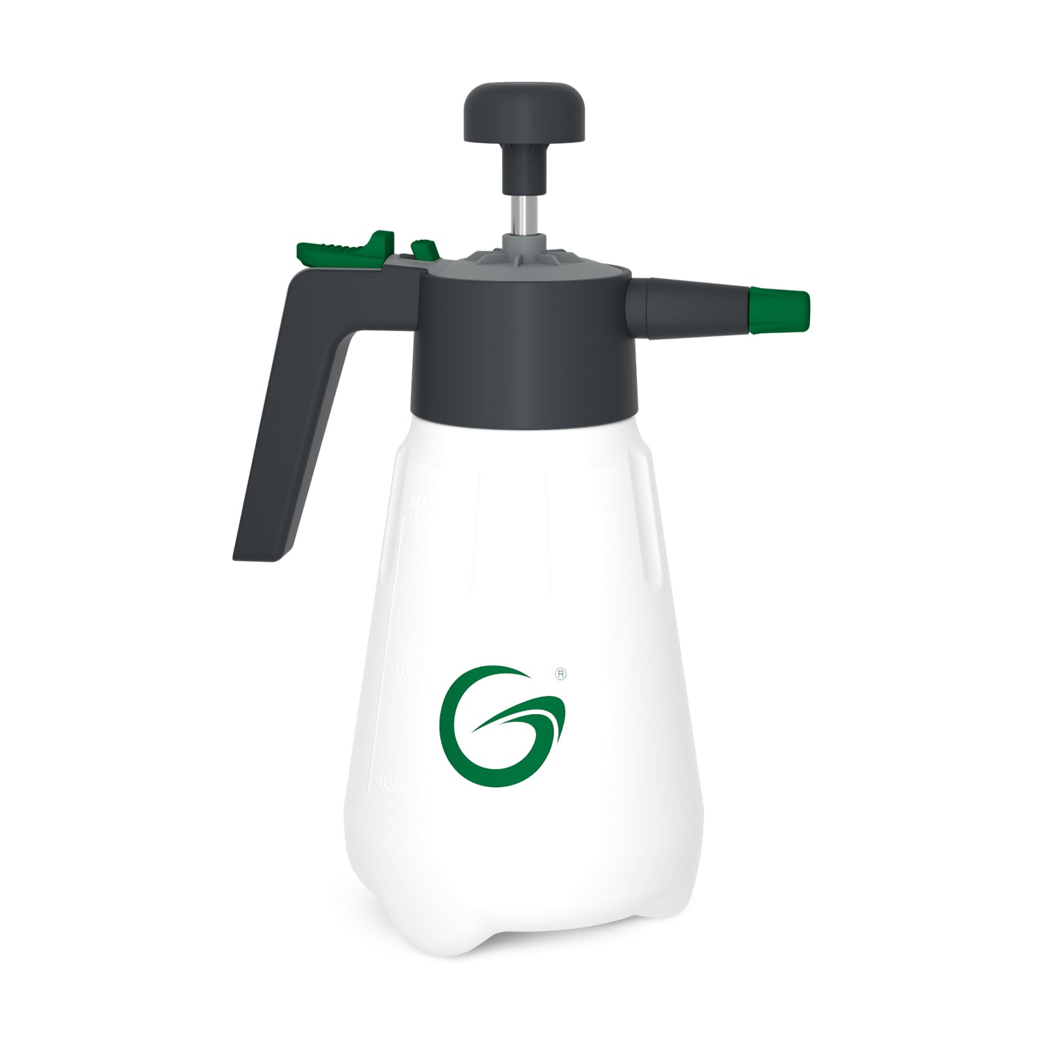 Grimsholm Tryksprøjte 1,5 L, hvid plast, sort pumpe, grøn dyse og håndtag, Grimsholm bladlogo foran.
