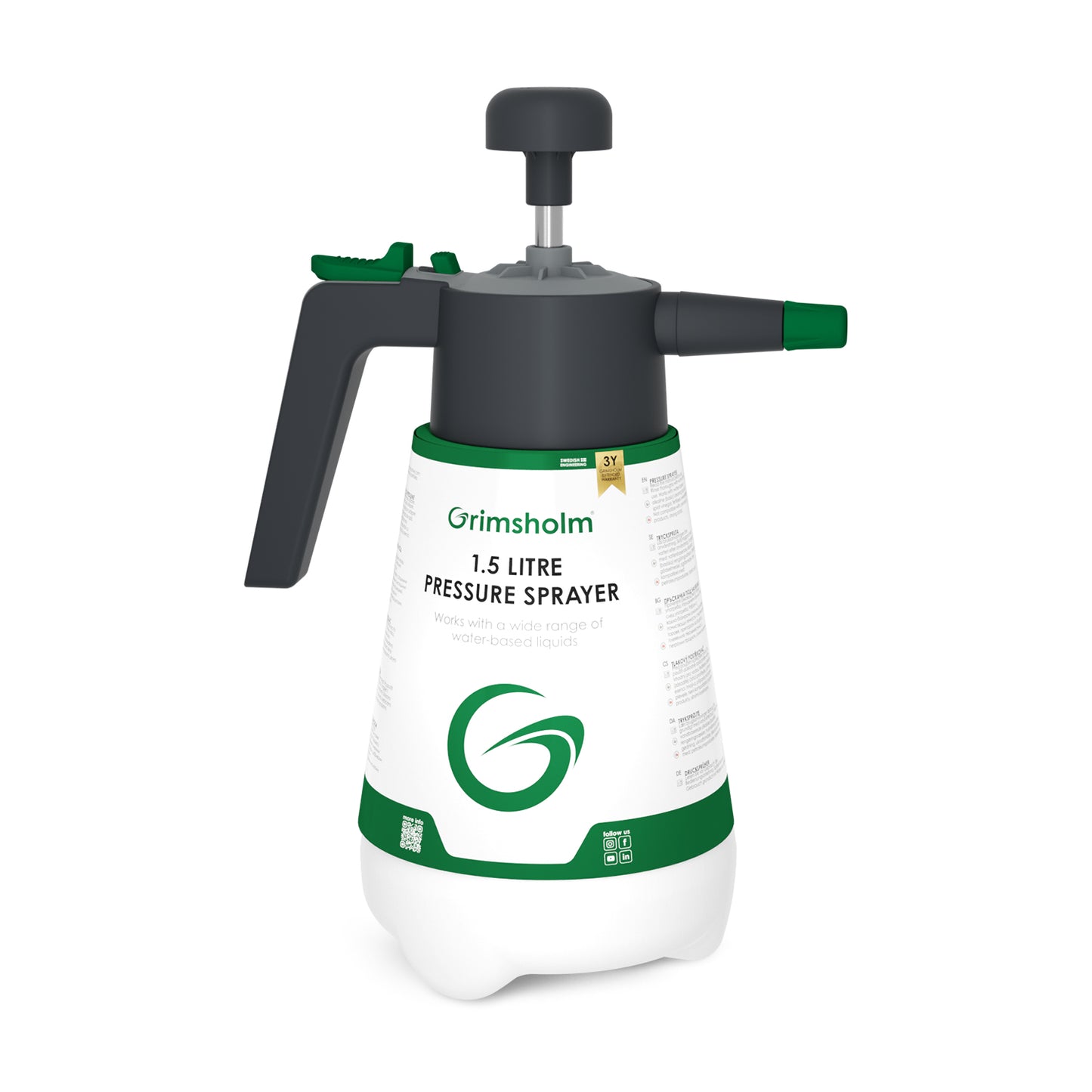Grimsholm Tryksprøjte 1,5 L med sort håndtag og pumpe samt grønne detaljer til vand og vandbaserede væsker.