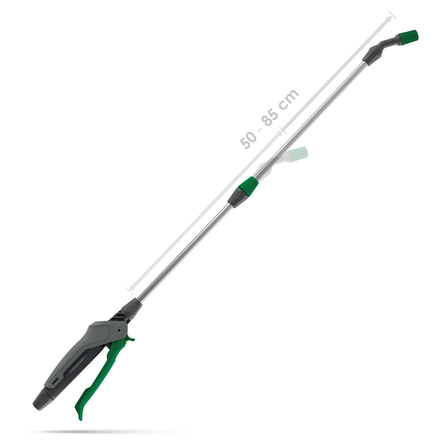 Grimsholm Tryksprøjte 5L med grå/grøn hank, justerbar dyse og skaft 50-85 cm vist både trukket ind og ud.