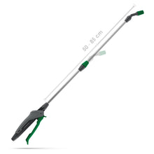 Grimsholm Tryksprøjte 5L med grå/grøn hank, justerbar dyse og skaft 50-85 cm vist både trukket ind og ud.