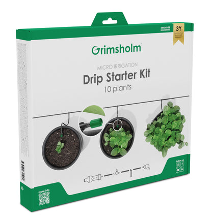 Grimsholm Mikrovandingssæt 10 Planter med illustrationer af potteplanter, kitdele og 3-års garantimærke.