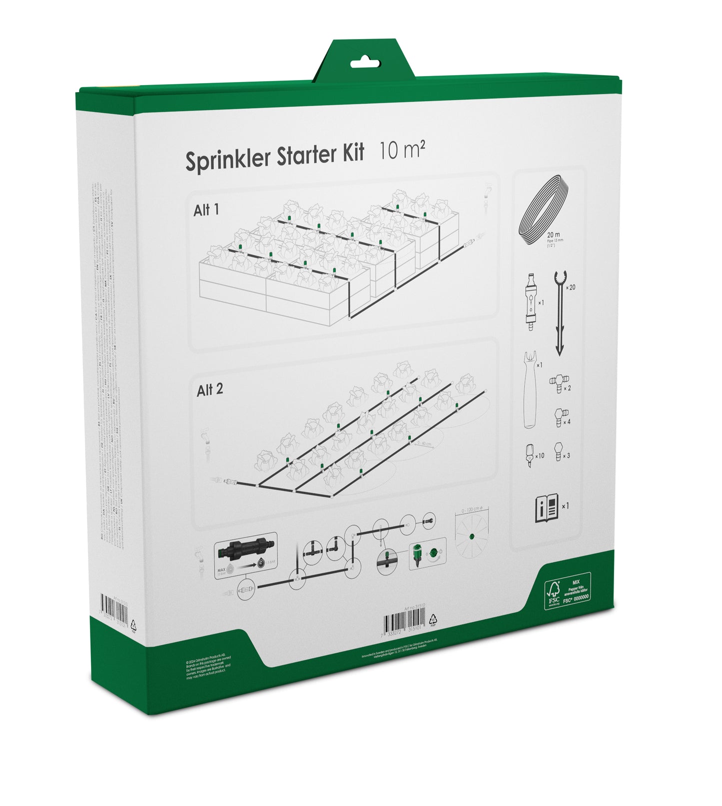 Grimsholm Mikrovandingssæt Sprinkler 10 m² grøn/hvid æske med to vandingsdiagrammer, tilbehør, instruktion og dækningslabel.