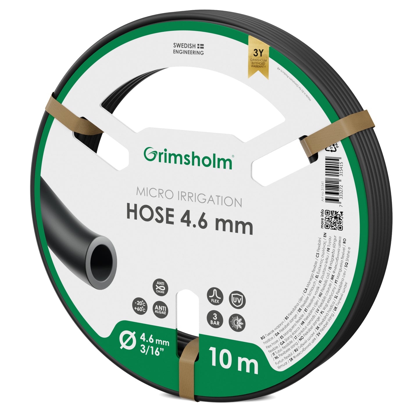Grimsholm mikroslange 4,6 mm, 10 meter, grøn og hvid label med produktinfo, ikoner og 3 års garanti.