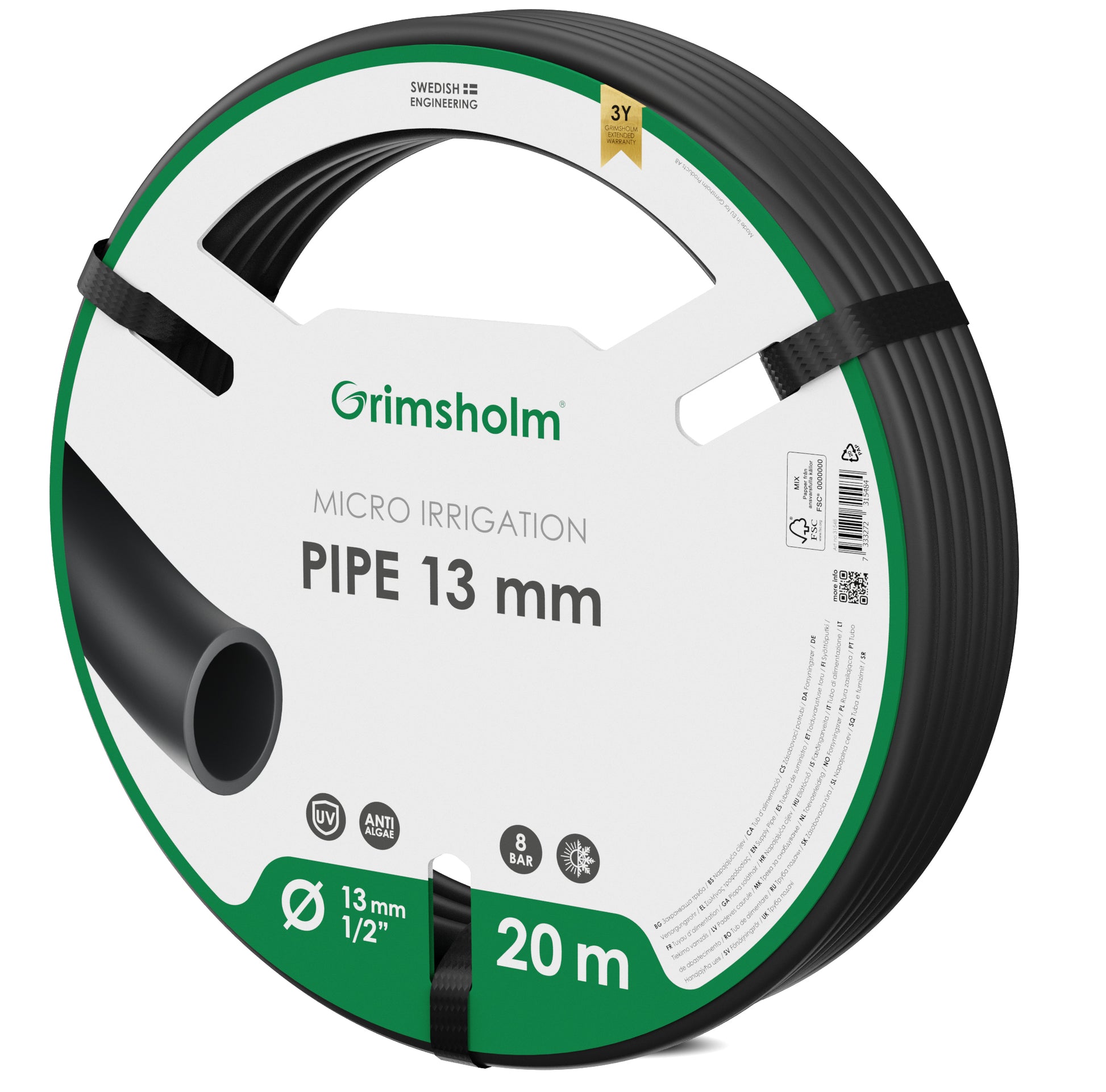 Grimsholm Mikrovandingsrør 13 mm, 20 meter slangecoil med sorte stropper i hvid-grøn æske med produktinfo.