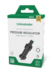 Grimsholm Trykregulator 1,5 bar, grøn/hvid æske med specs og "3Y Guarantee" mærke øverst til højre.