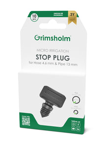 Grimsholm Stopprop 4,6 mm til mikrovandingssystem i pakke med Grimsholm-logo, brugervejledning, QR-kode, SoMe-ikoner.