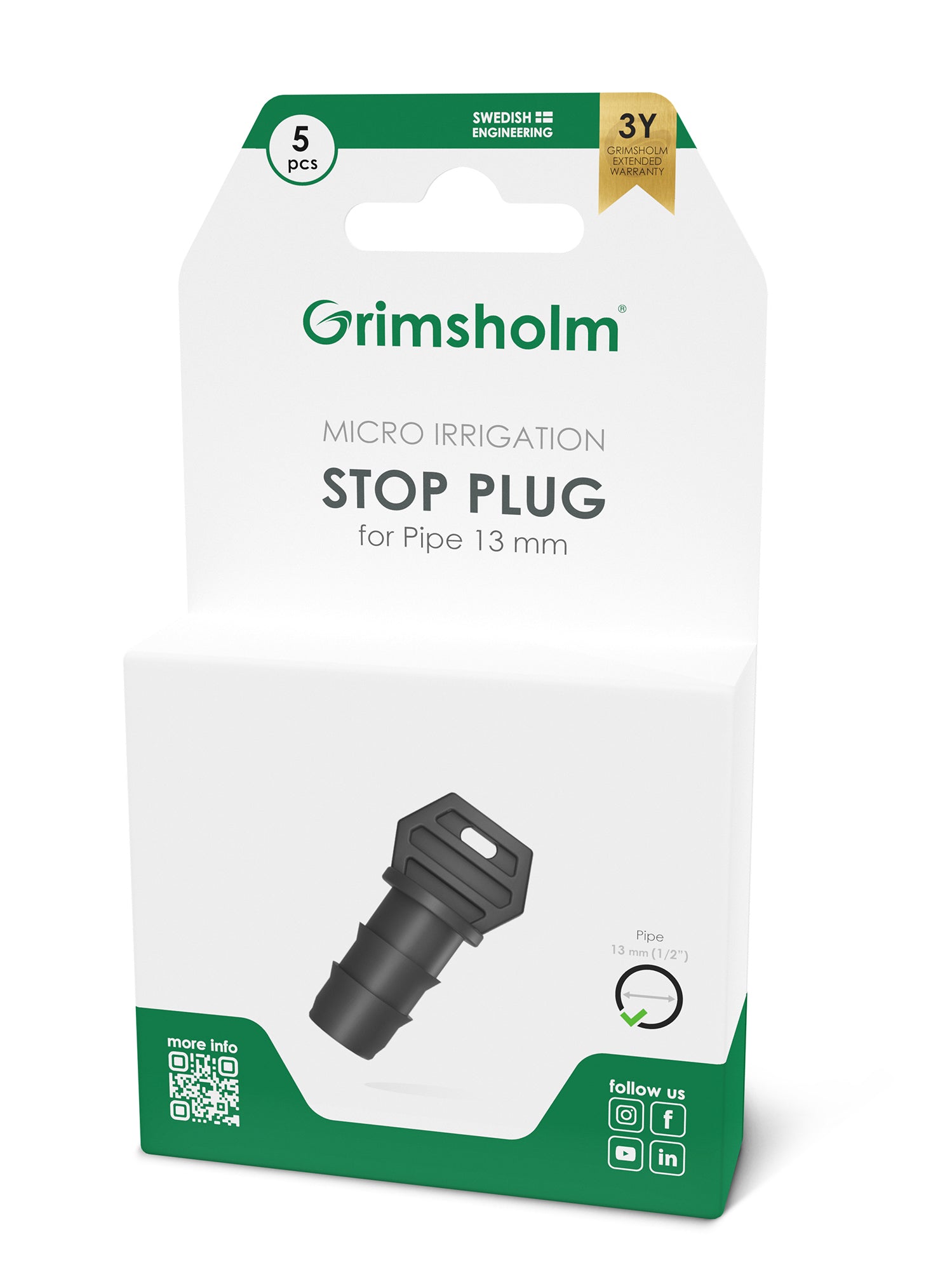 Grimsholm Endestop 13 mm sort, i emballage med produktinfo og ikoner til sociale medier og 13 mm rørkompatibilitet.