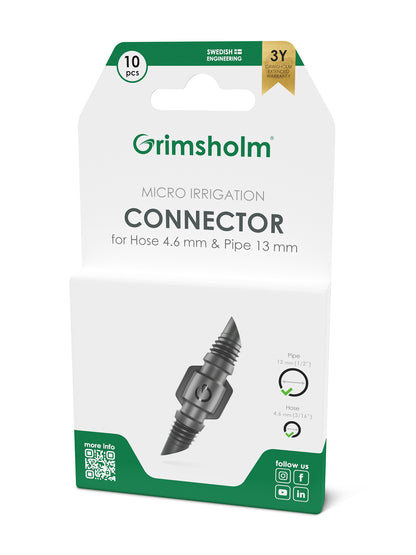 Grimsholm Samlekobling 4,6 mm stik til mikrovanding, grøn/hvid æske med ikon for antal, kompatibilitet og garanti.