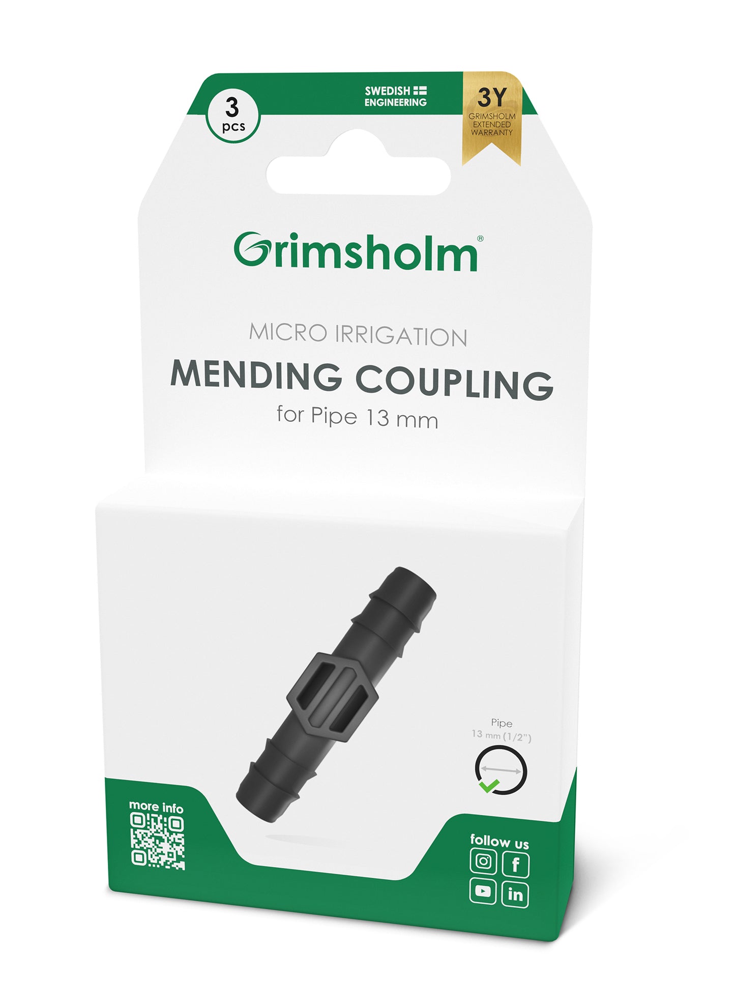 Grimsholm Samlekobling 13 mm pakke med 3 stk hvid/grøn æske med produktinfo og synlige ikoner.