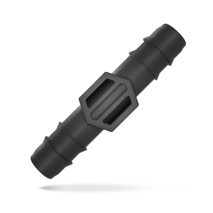Grimsholm samlekobling 13 mm sort plast, lige med sekskantgreb og riflede ender til 13 mm mikrovandingsrør.