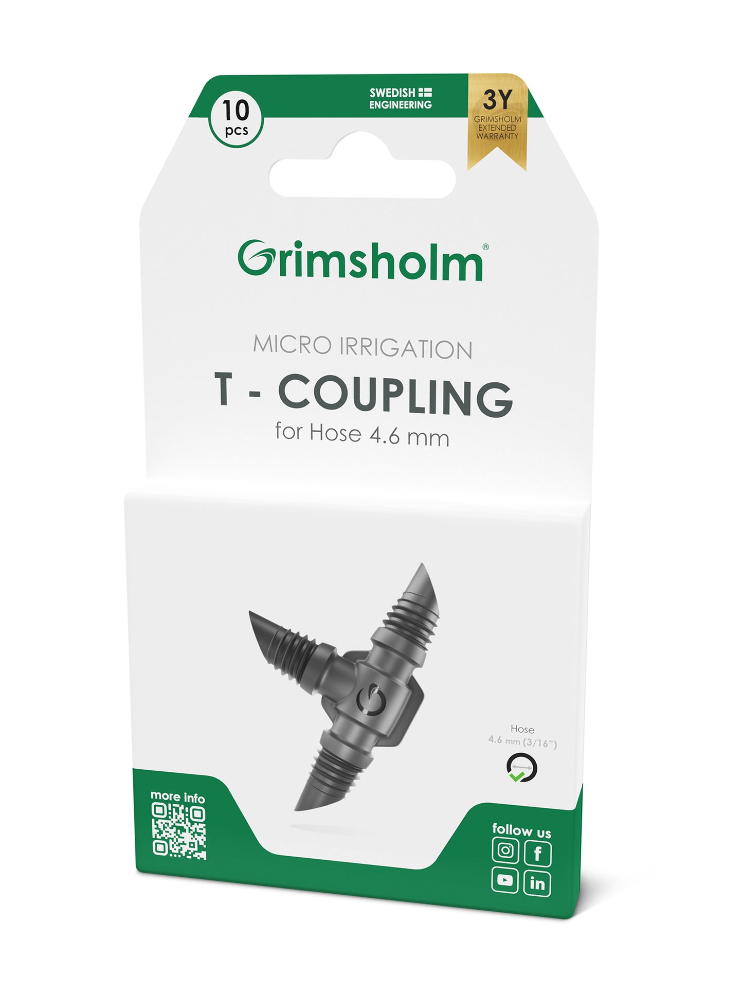 Grimsholm T-kobling 4,6 mm til mikro- og havevanding, pakke med 10 stk, sort T-formet plastkobling.