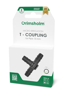 Grimsholm T-kobling 13 mm sort, grøn emballage med produktinfo, ikoner og ophængningsfane.
