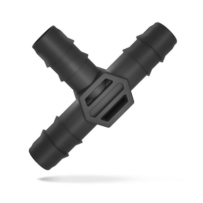 Grimsholm T-kobling 13 mm, sort Y-formet plast, rillede ender, hex center, passer til 13 mm vandrør.
