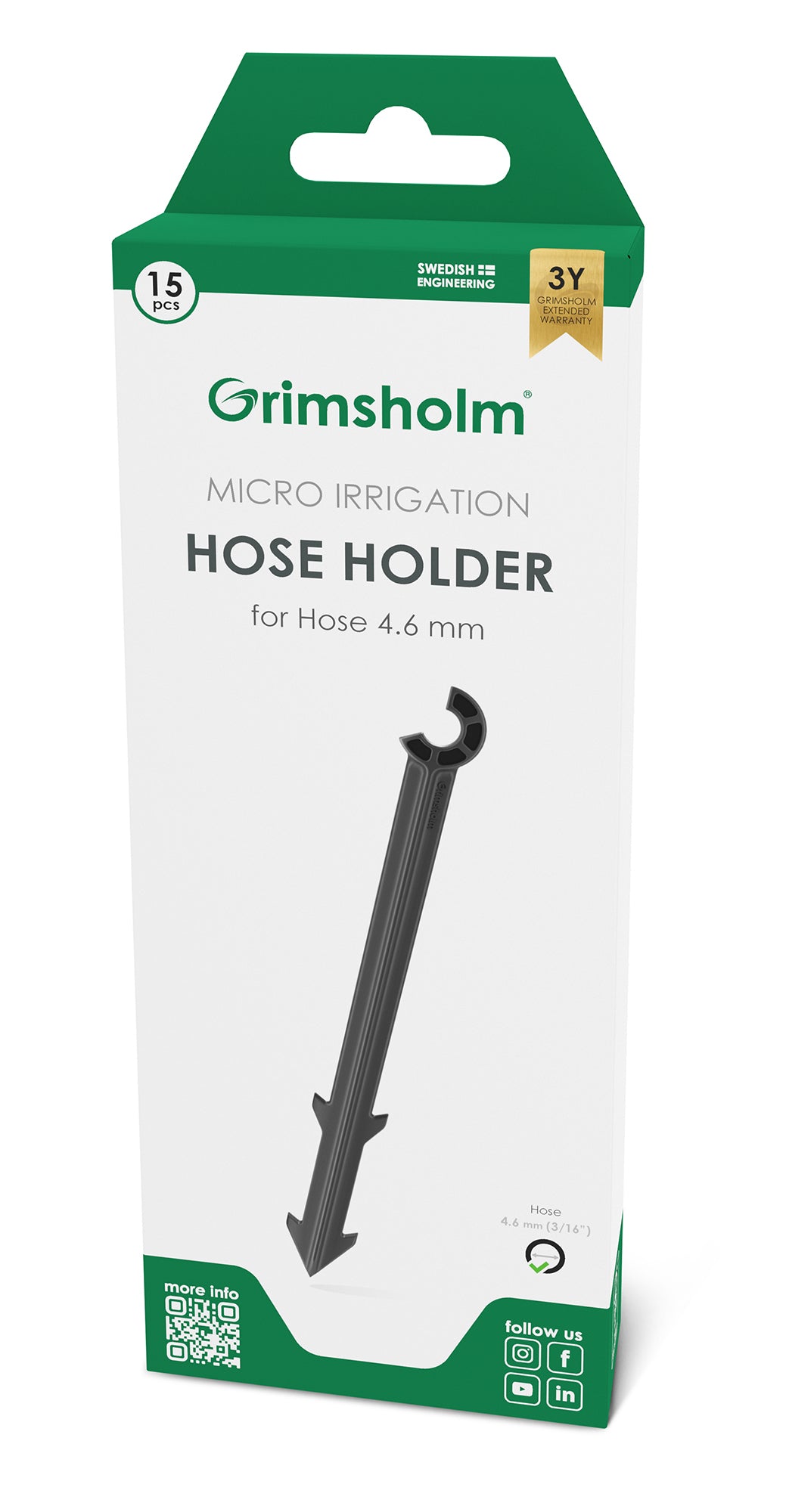 Grimsholm Slangeholder 4,6 mm til mikrovanding, pakke med 15 stk og 3 års garanti, hvid-grøn æske.