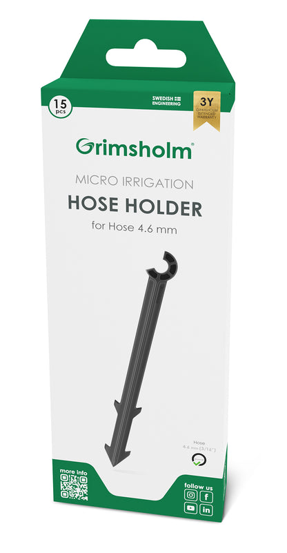 Grimsholm Slangeholder 4,6 mm til mikrovanding, pakke med 15 stk og 3 års garanti, hvid-grøn æske.