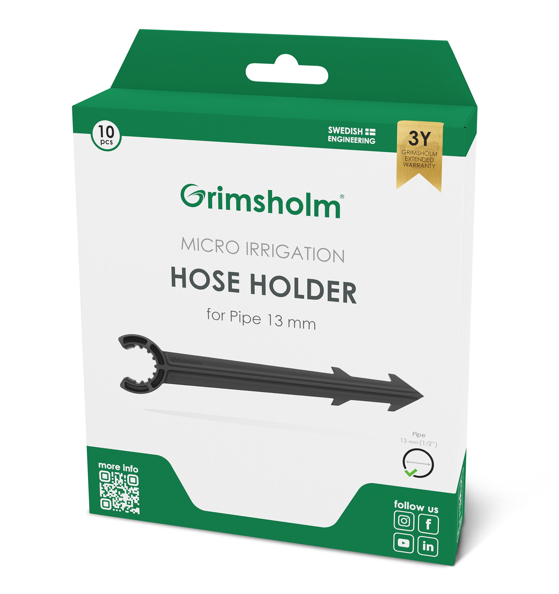 Grimsholm slangeholder 13 mm i æske med Grimsholm-logo, 3 års garanti og sociale medie ikoner på emballagen.