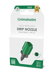 Grimsholm justerbart drypmundstykke 0-40 L/t til mikrovanding, 10 stk pakke, justerbar vandmængde, 3 års garanti.
