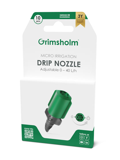 Grimsholm justerbart drypmundstykke 0-40 L/t til mikrovanding, 10 stk pakke, justerbar vandmængde, 3 års garanti.
