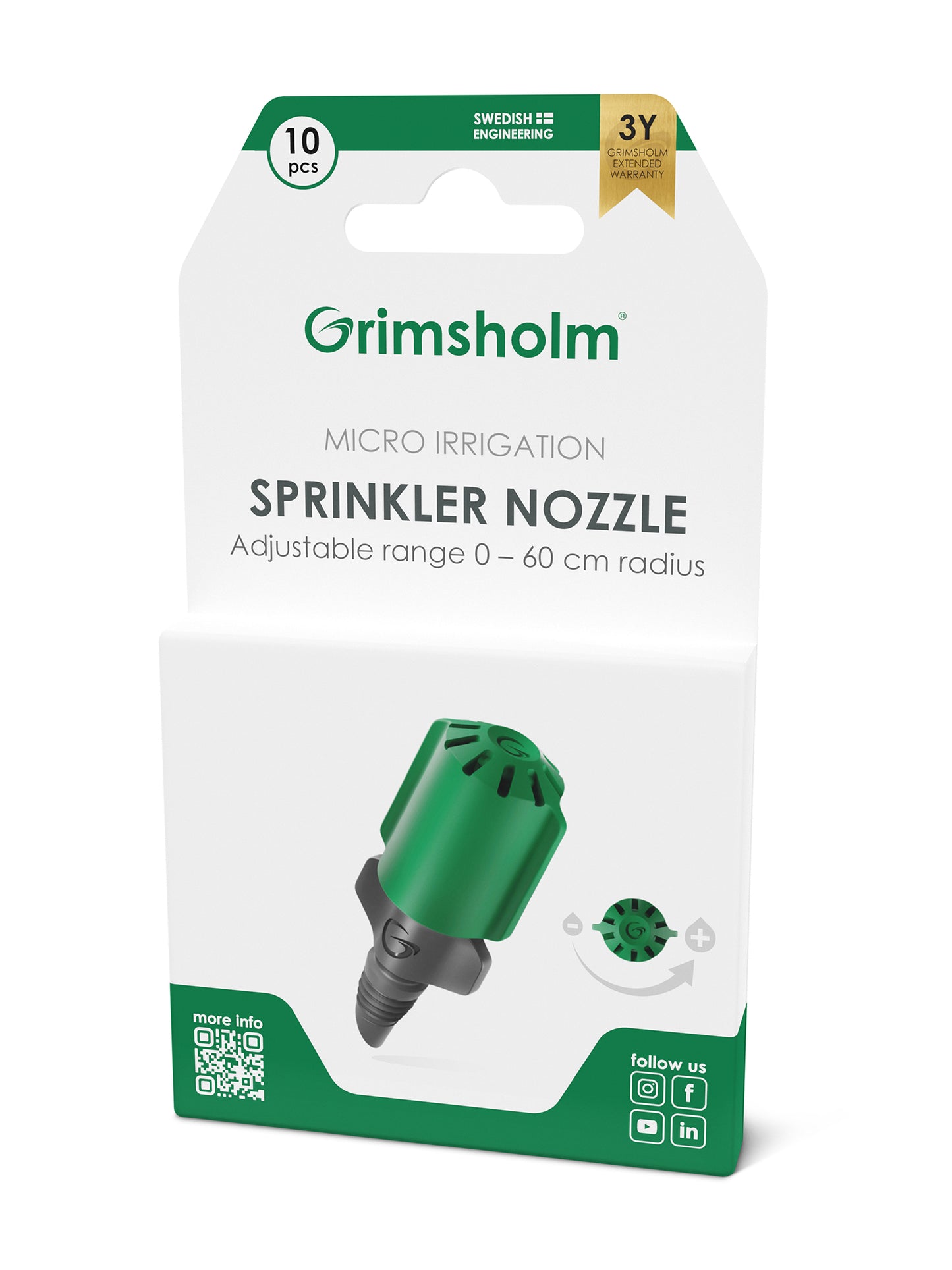 Grimsholm Justerbart Sprinklermundstykke grøn/sort, radius 0-60 cm, 10 stk, til køkkenhave/drivhus, 3 års garanti.