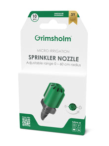 Grimsholm Justerbart Sprinklermundstykke grøn/sort, radius 0-60 cm, 10 stk, til køkkenhave/drivhus, 3 års garanti.