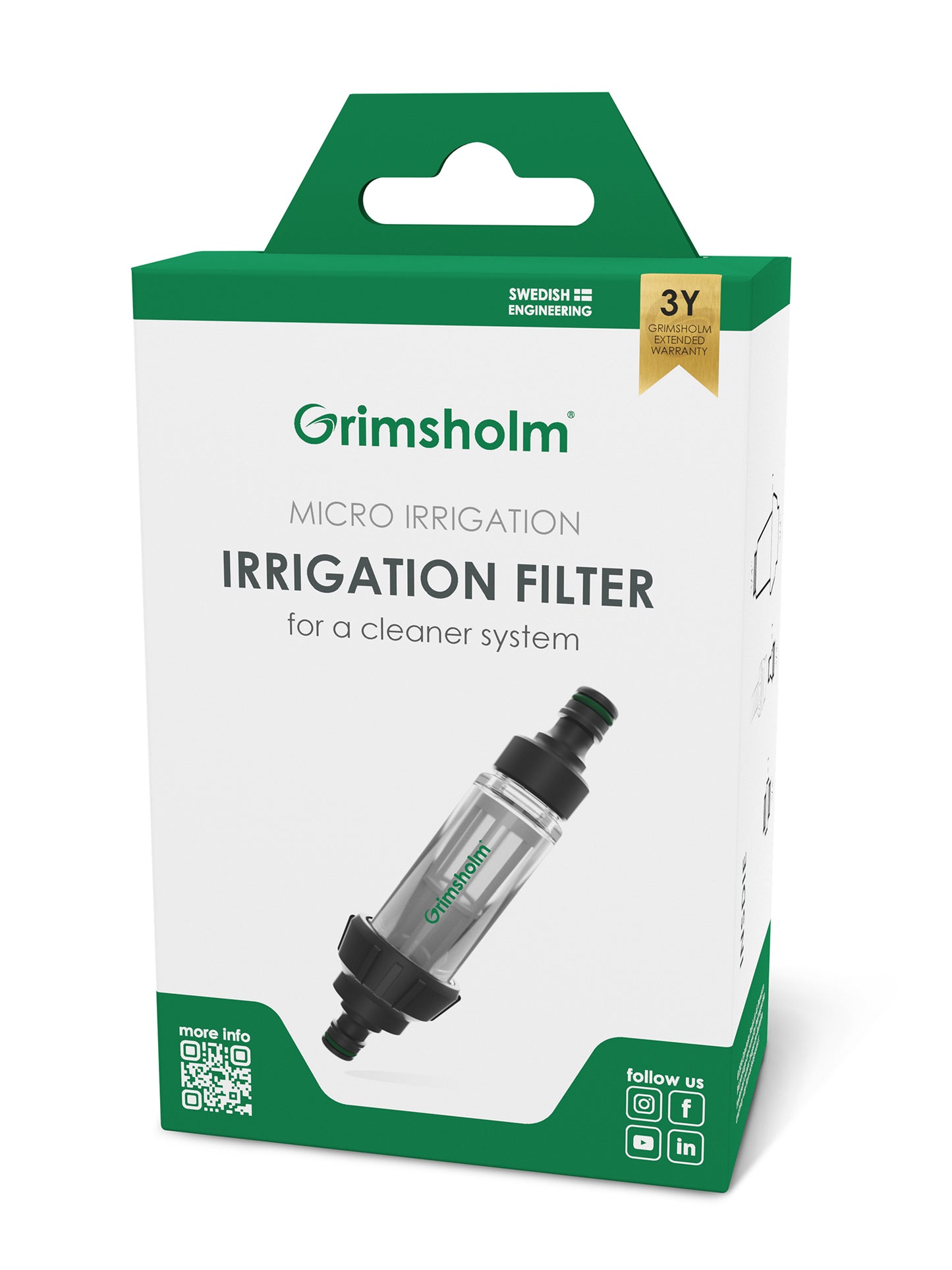 Grimsholm Mikrovandingsfilter i grøn/hvid æske med Grimsholm-logo, 3 års garanti og synlige sociale medie ikoner.
