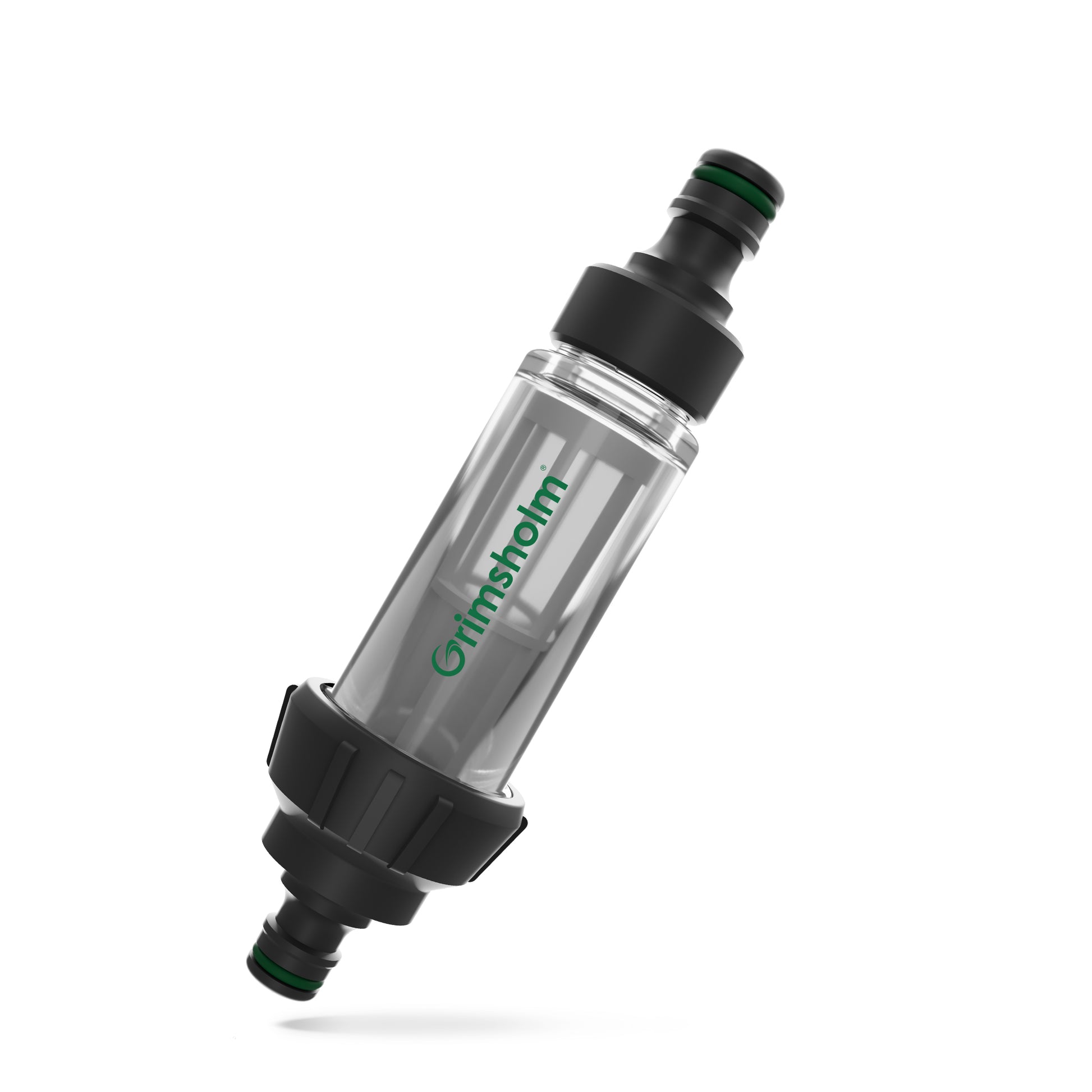 Mikrovandingsfilter transparent plast, sorte endestykker, grønne tætningsringe, til vandingssystem med brøndvand.