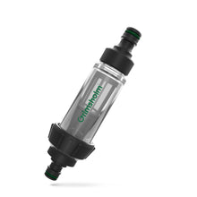 Mikrovandingsfilter transparent plast, sorte endestykker, grønne tætningsringe, til vandingssystem med brøndvand.