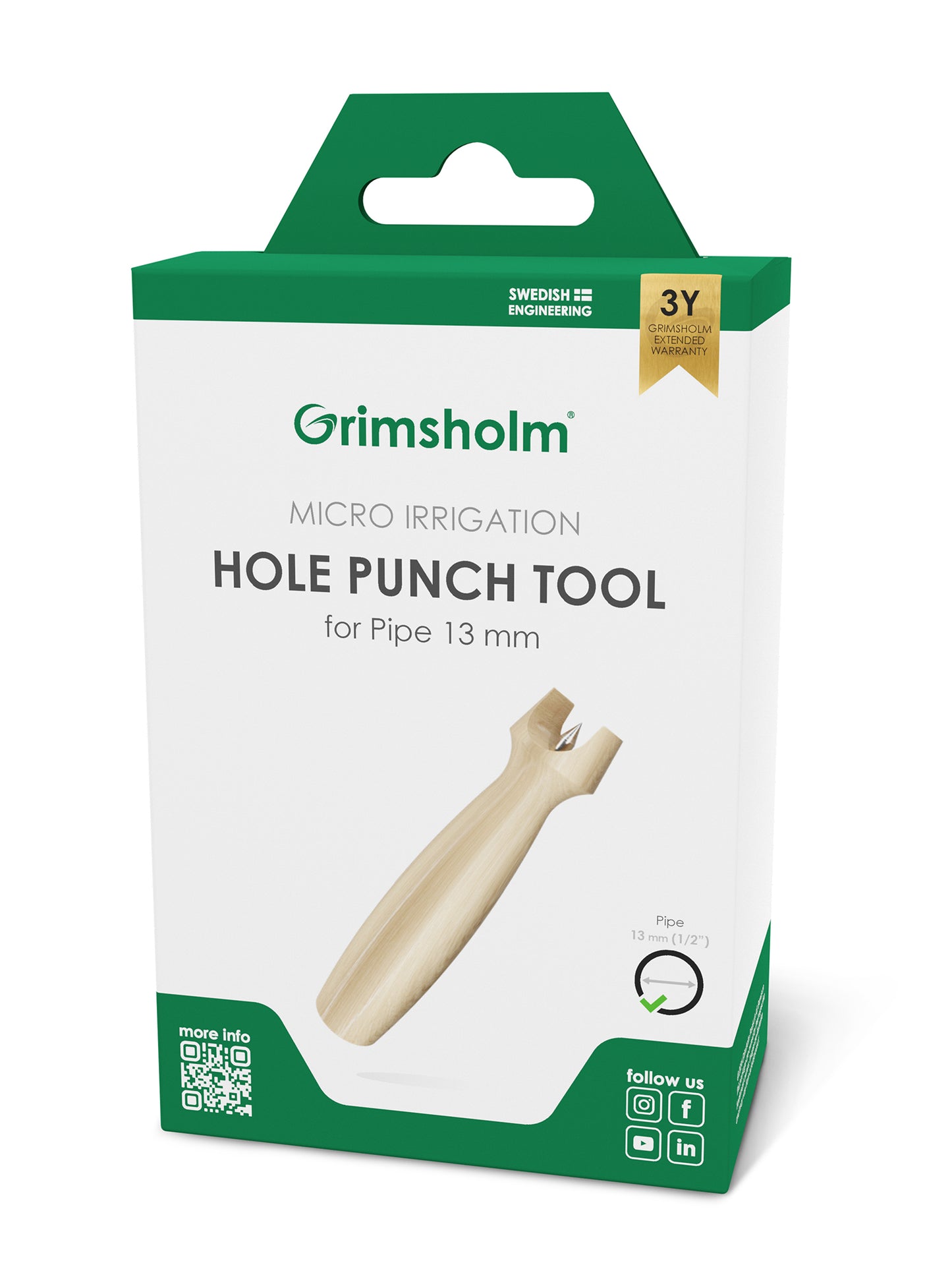 Grimsholm Hulværktøj 13 mm i grøn/hvid æske med logo, garantitekst og ikoner til 13 mm mikrovandingsrør.