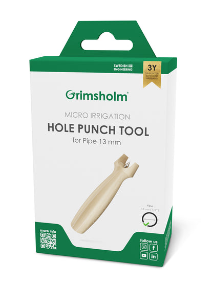 Grimsholm Hulværktøj 13 mm i grøn/hvid æske med logo, garantitekst og ikoner til 13 mm mikrovandingsrør.