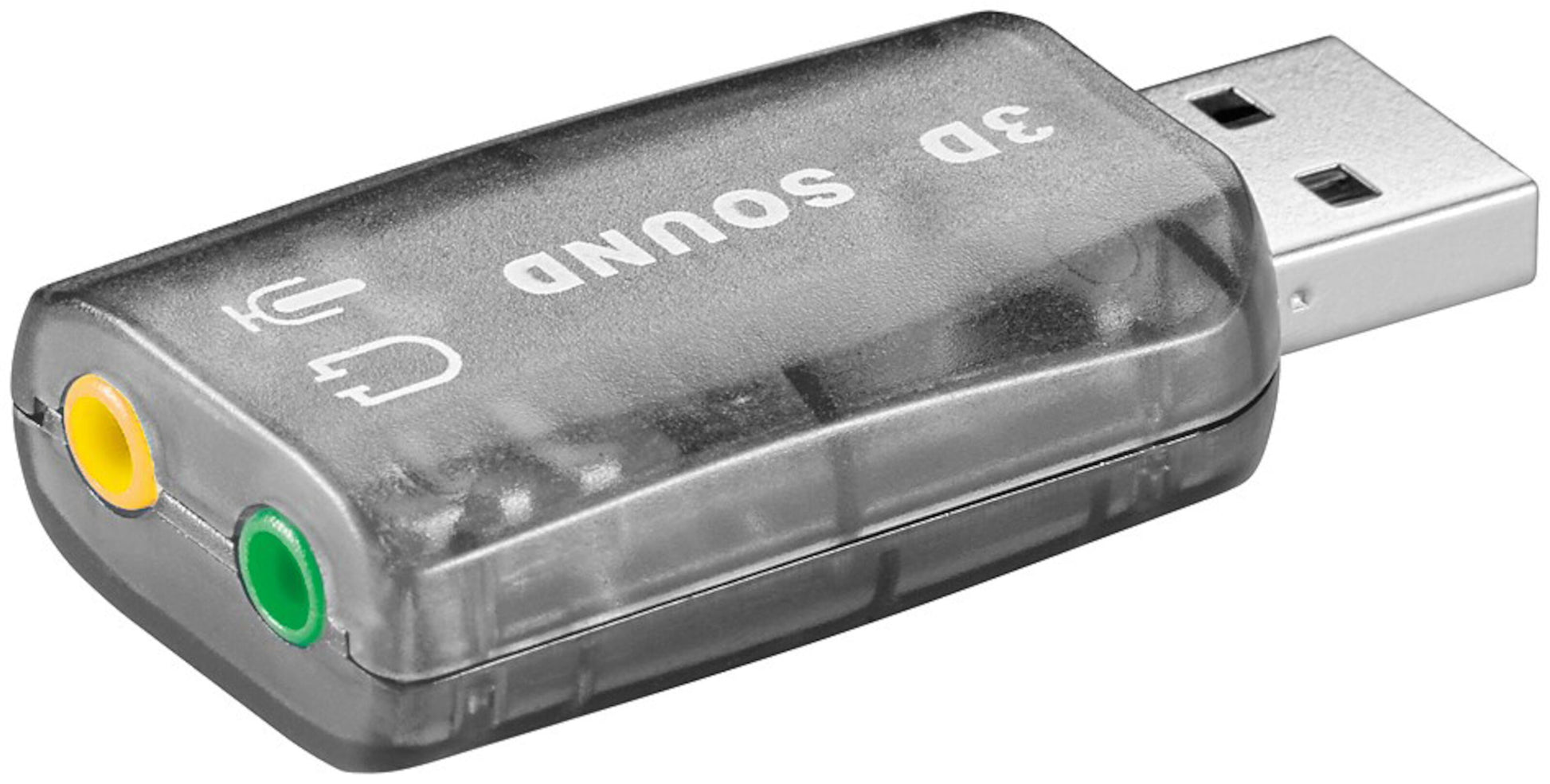 Plexgear USB-lydkort 3D SOUND, transparent, grøn hovedtelefonport, gul mikrofonport, til PC.