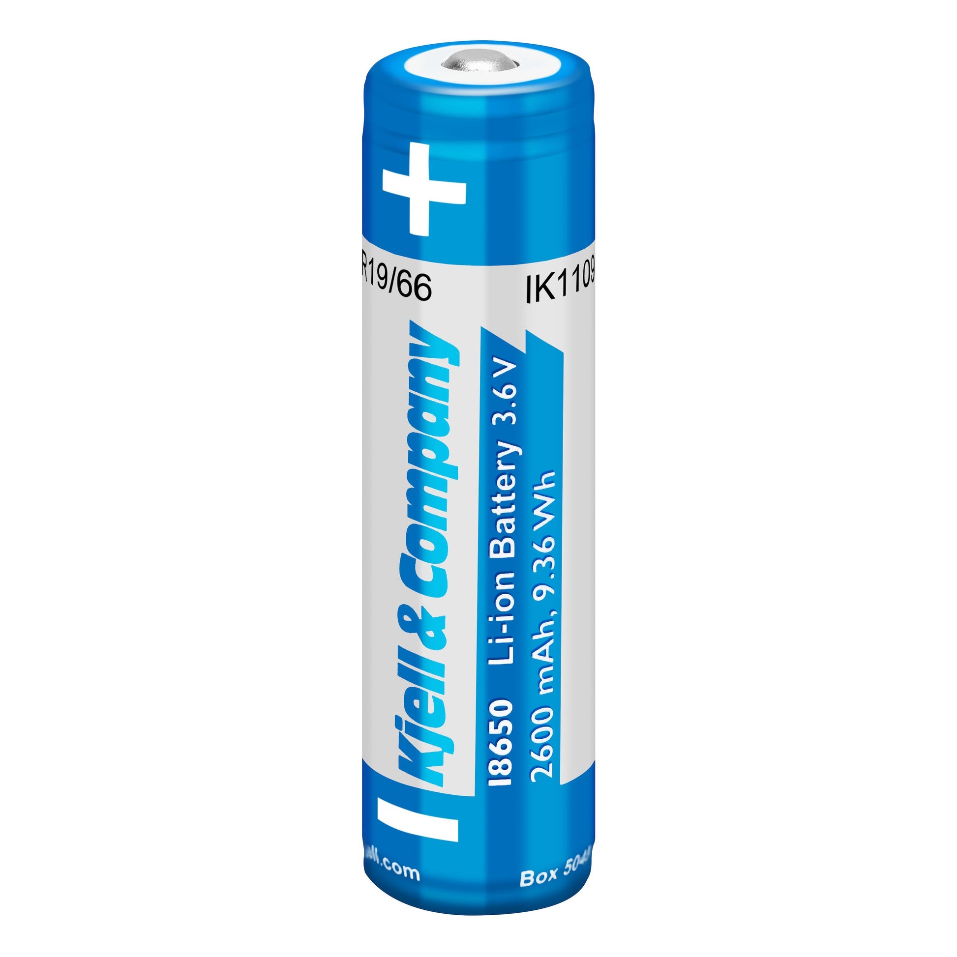 Li-ion batteri 18650 3,6V 2600mAh med overopladningsbeskyttelse og plus (+) mærke ved positiv terminal.