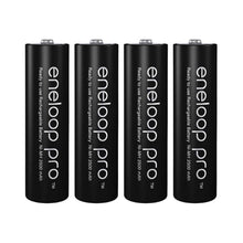Panasonic Eneloop Pro genopladelige AA-batterier 2500 mAh 4 stk i række med synlig hvid tekst og specifikationer.