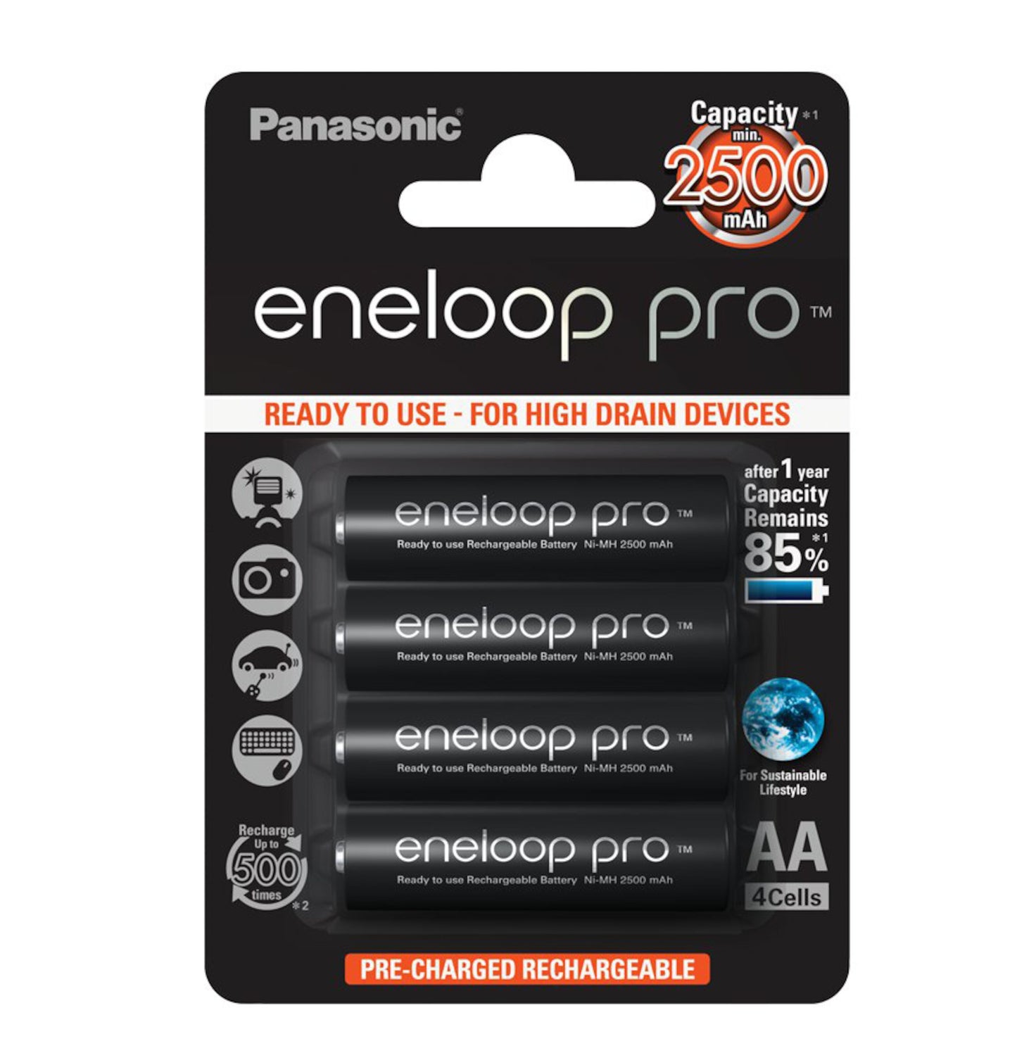 Panasonic Eneloop Pro AA genopladelige batterier 2500 mAh 4 stk bevarer 85 kapacitet efter 1 år kan genoplades 500x.