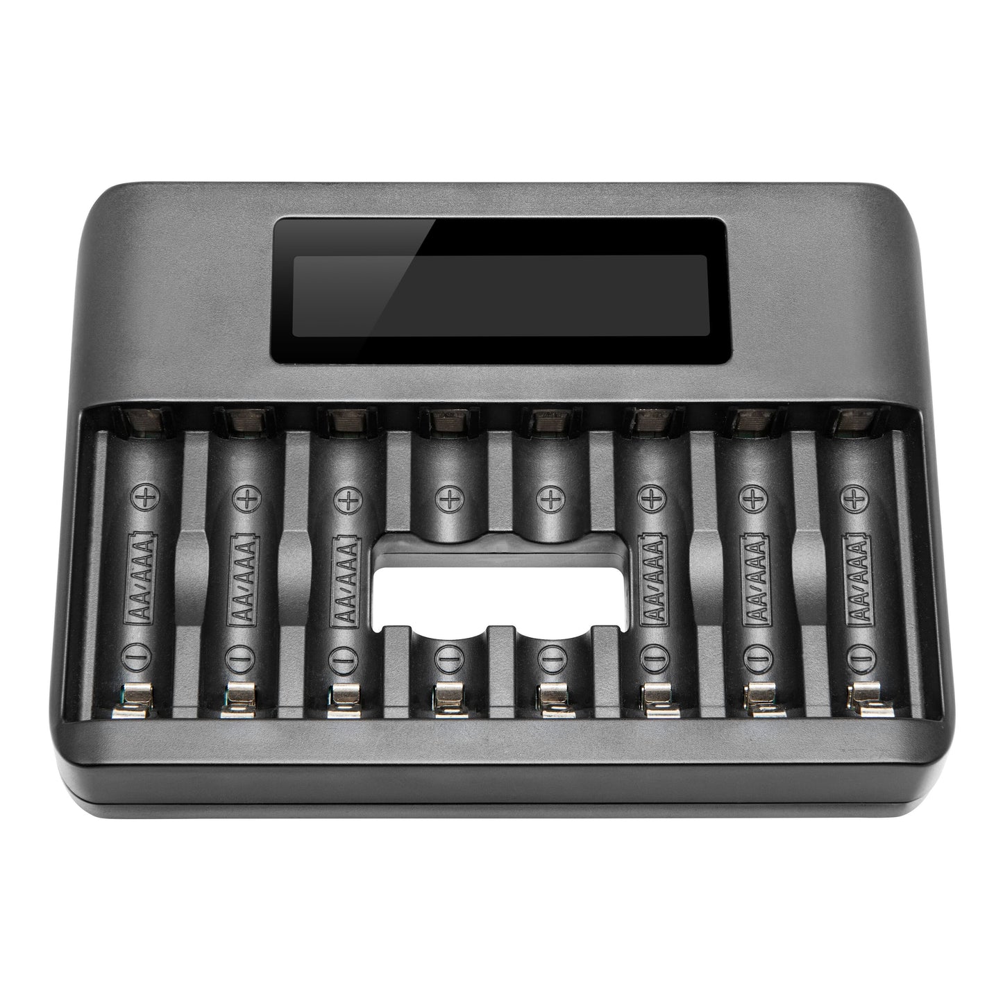 Luxorparts Multioplader 8 sort oplader med ti slots til NiMH AA/AAA batterier og rektangulært digitaldisplay øverst, set oppefra.